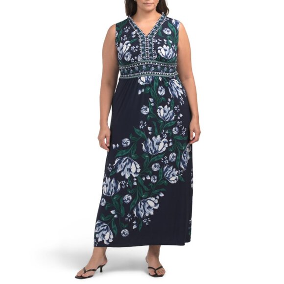 LONDON TIMES Navy Plus Floral Maxi Dress